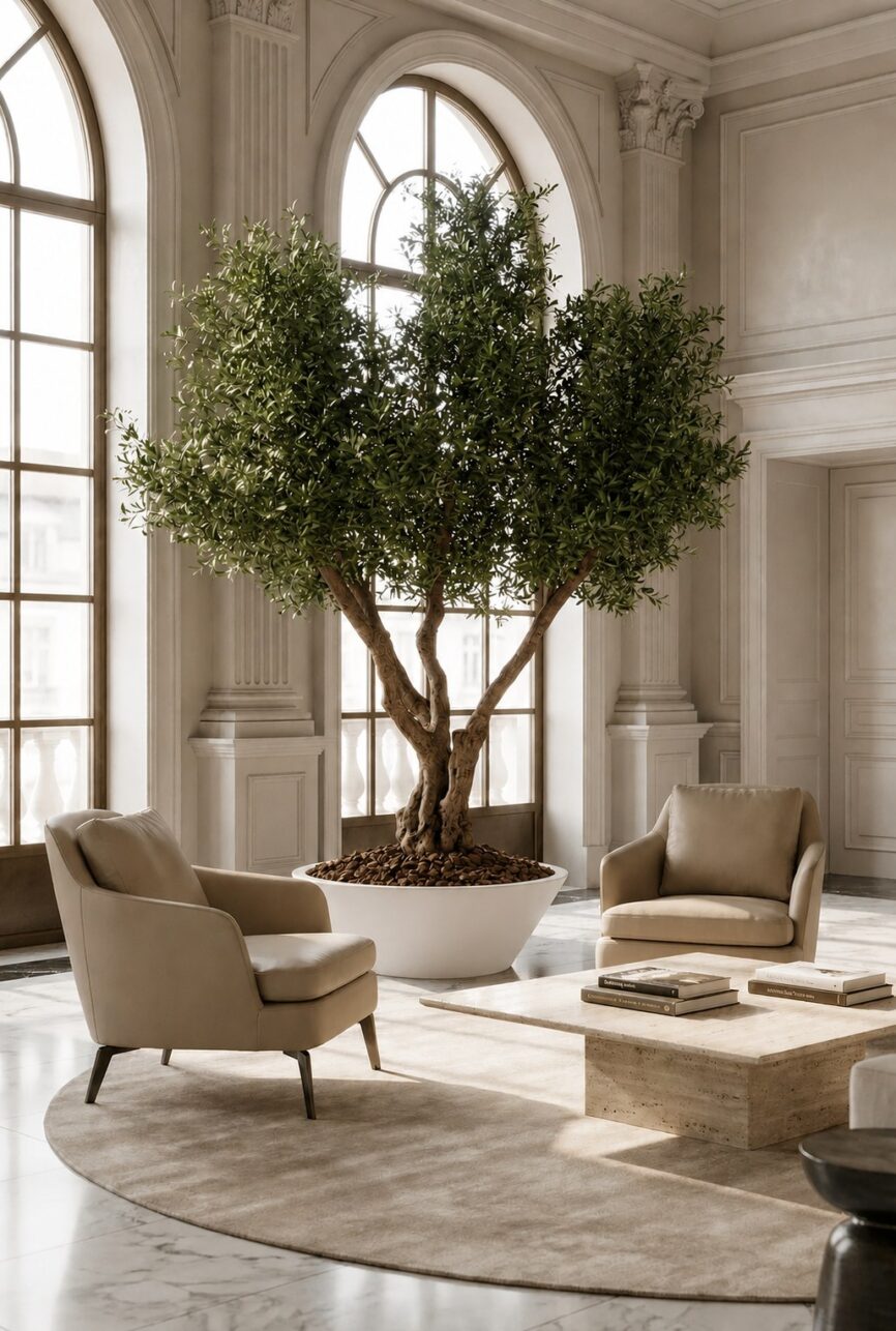 Artificial Olive Tree with Natural Trunk & White Low Pot (280CM)