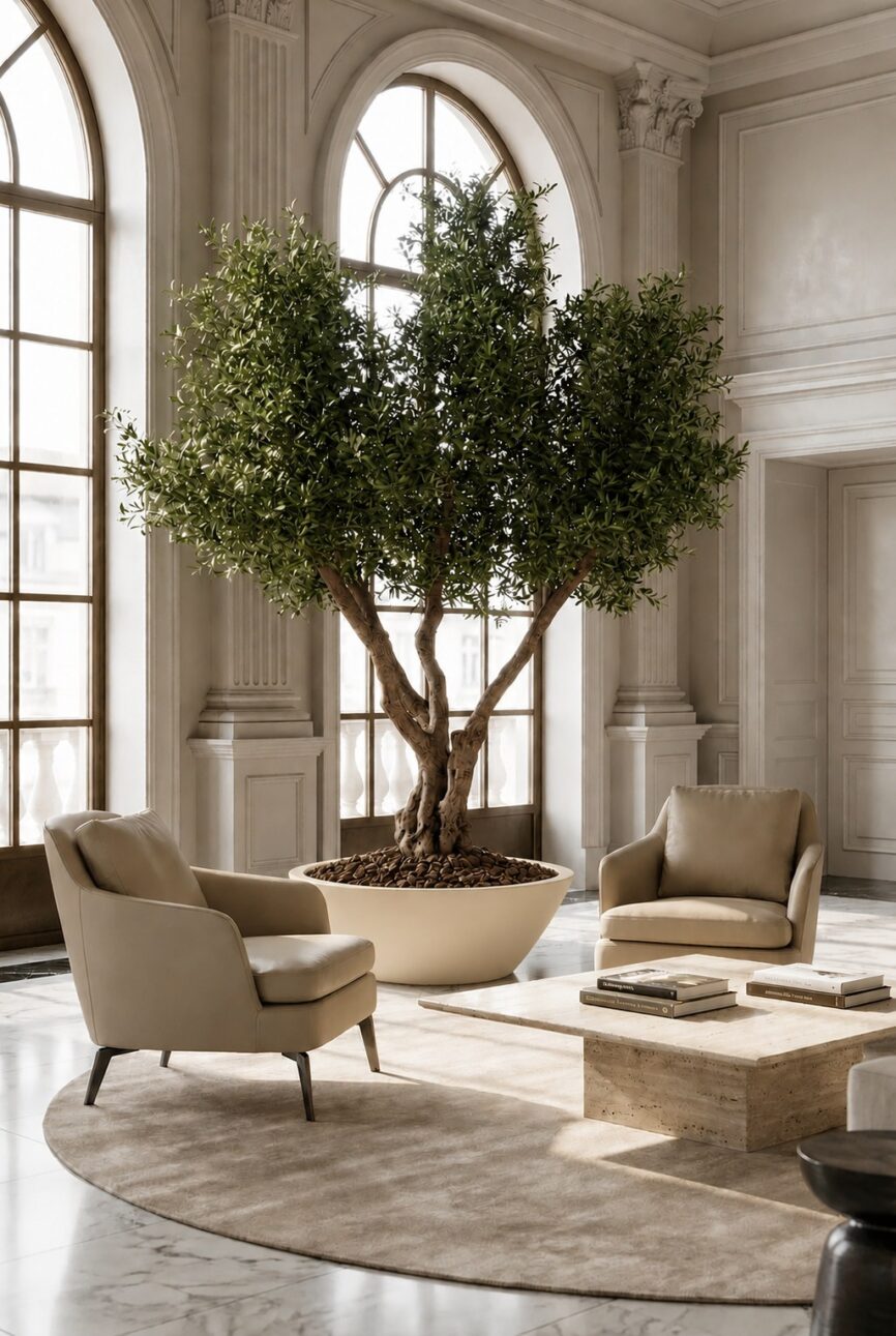Artificial Olive Tree with Natural Trunk & Cream Low Pot (280CM)