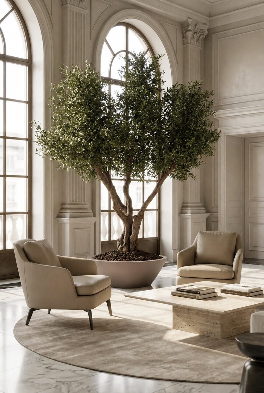 Artificial Olive Tree with Natural Trunk & Brown Low Pot (280CM)