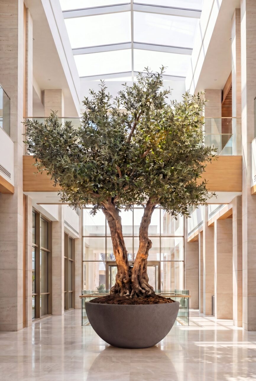 Artificial Olive Tree with Natural Trunk & Dark Brown Bowl Pot (300CM)