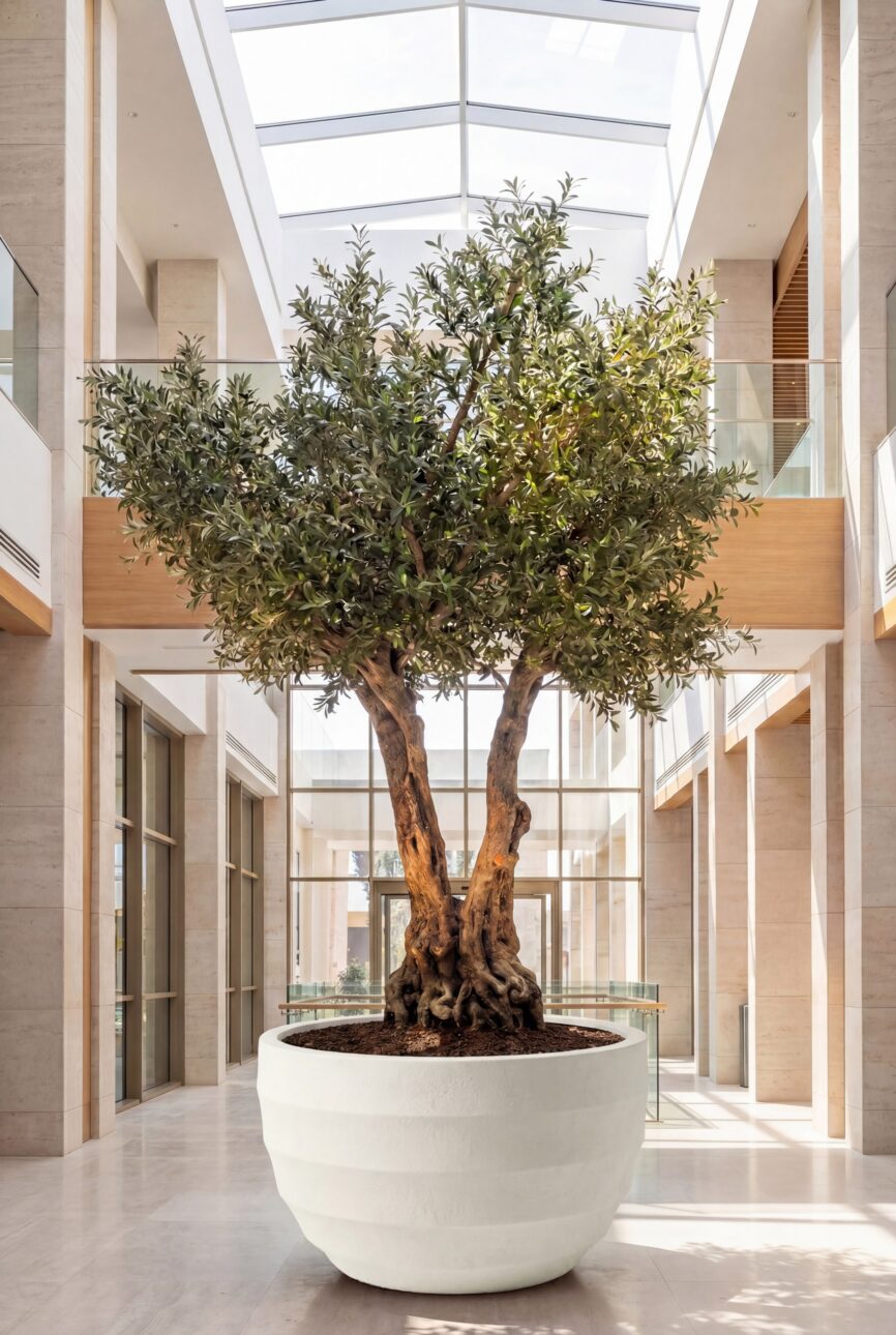 Artificial Olive Tree with Natural Trunk & White Ribbed Pot (300CM)