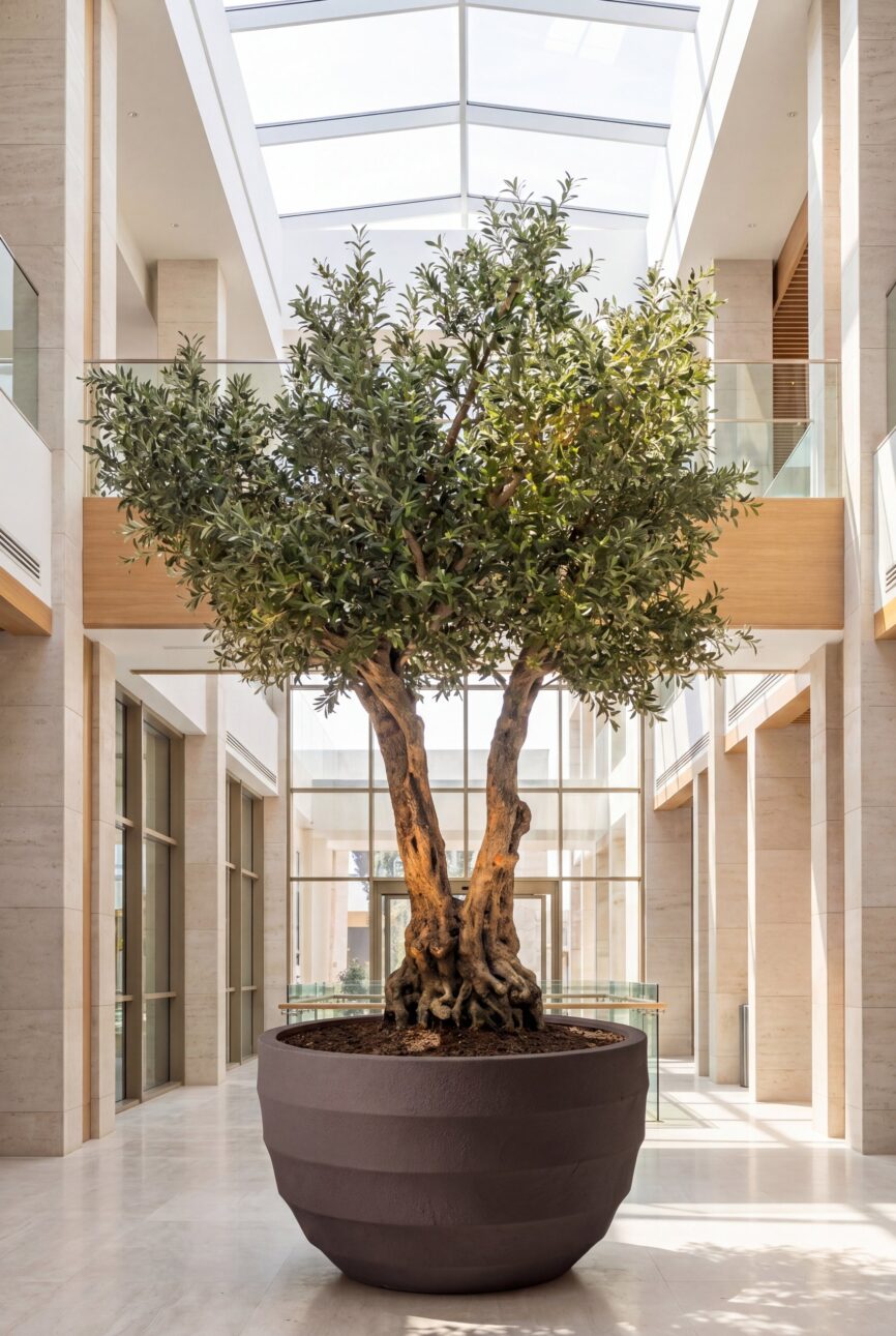 Artificial Olive Tree with Natural Trunk & Dark Brown Ribbed Pot (300CM)