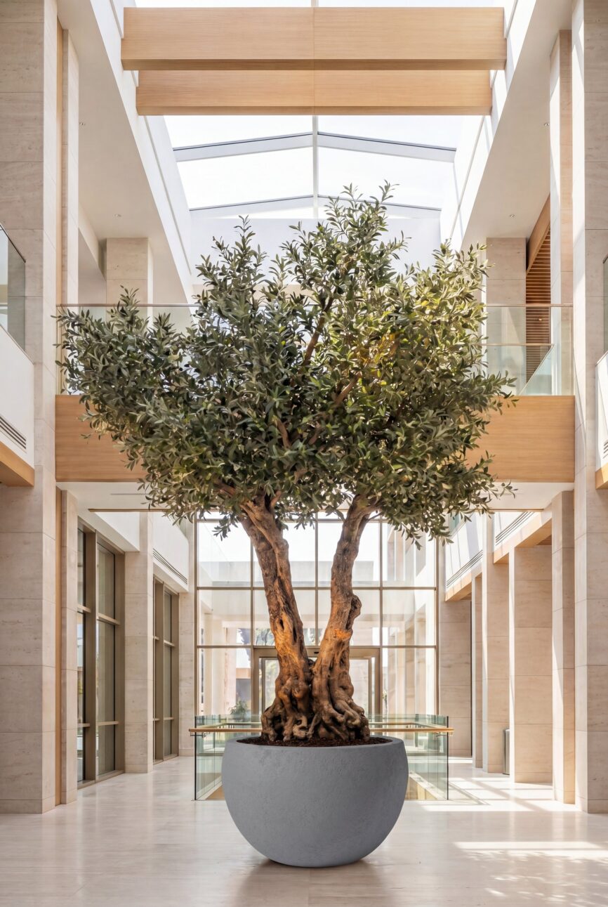 Artificial Olive Tree with Natural Trunk & Light Grey Pot (300CM)