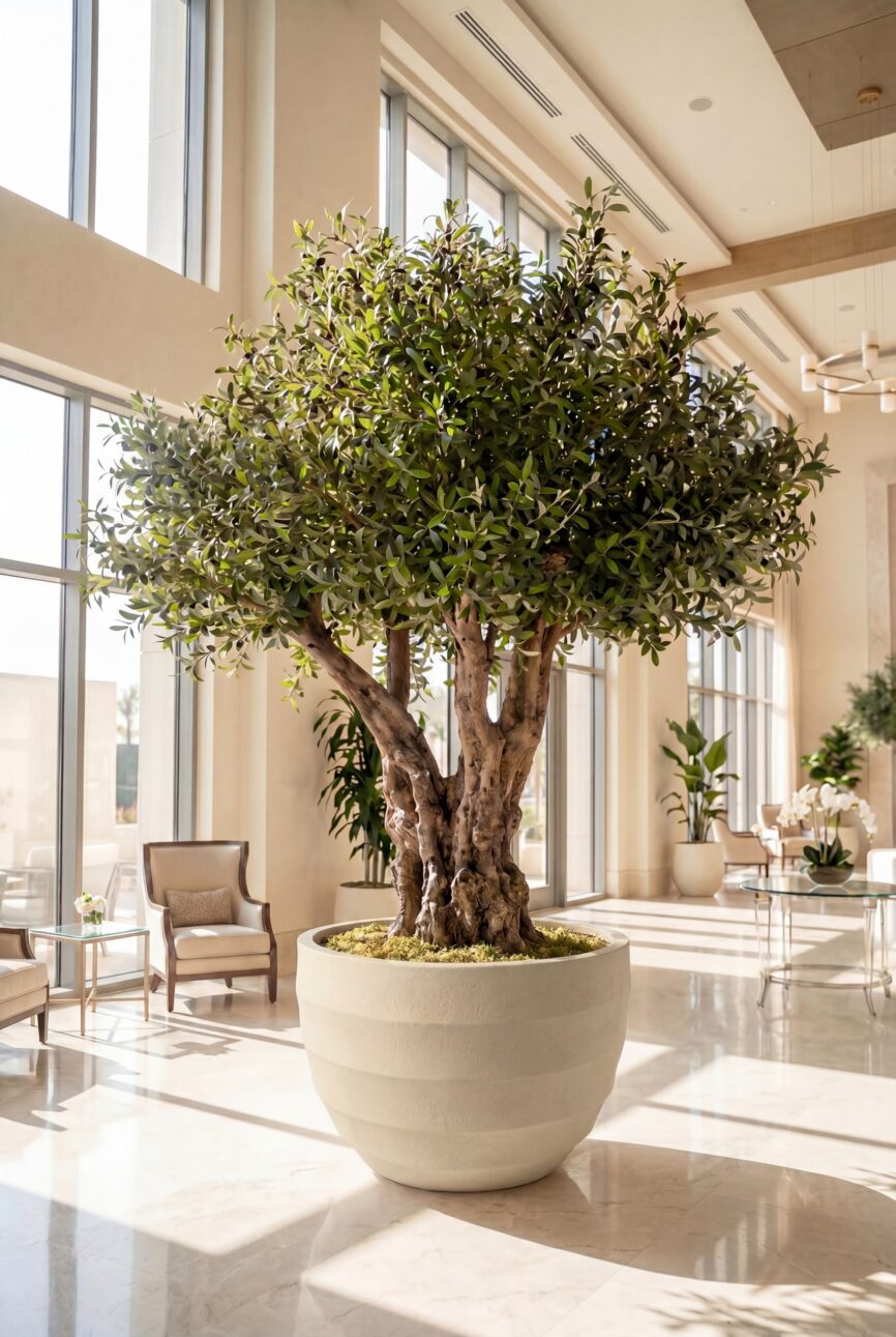 Artificial Olive Tree with Natural Trunk & Cream Ribbed Pot (280CM)