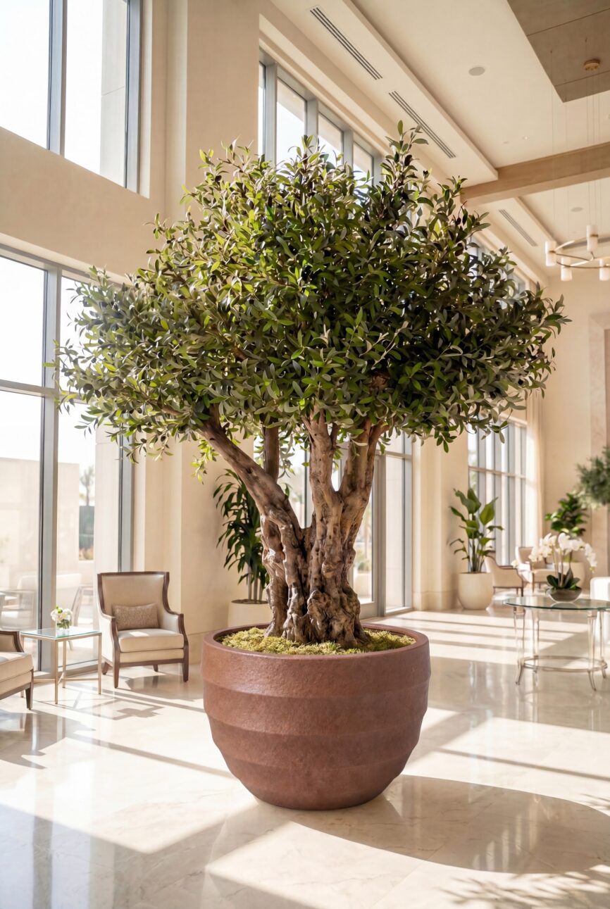 Artificial Olive Tree with Natural Trunk & Bronze Ribbed Pot (280CM)