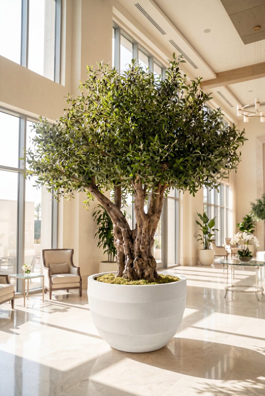 Artificial Olive Tree with Natural Trunk & White Ribbed Pot (280CM)