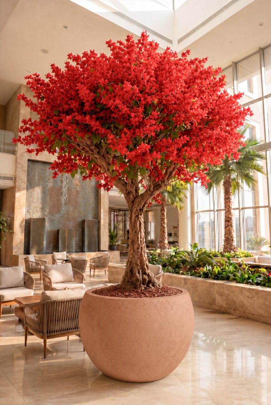 Artificial Red Blossom Tree with Natural Trunk & Peach Pot (250CM)
