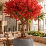 Artificial Red Blossom Tree with Natural Trunk & Light Grey Pot (250CM)