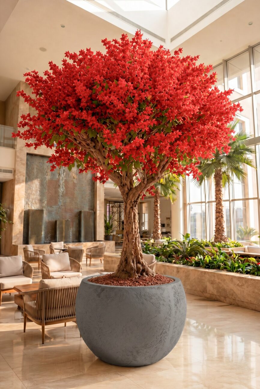 Artificial Red Blossom Tree with Natural Trunk & Light Grey Pot (250CM)