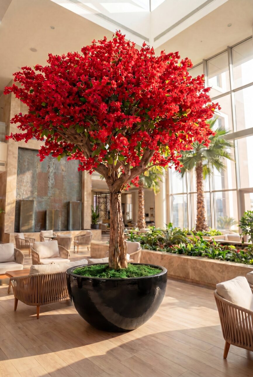 Artificial Red Blossom Tree with Natural Trunk & Black Bowl Pot (250CM)