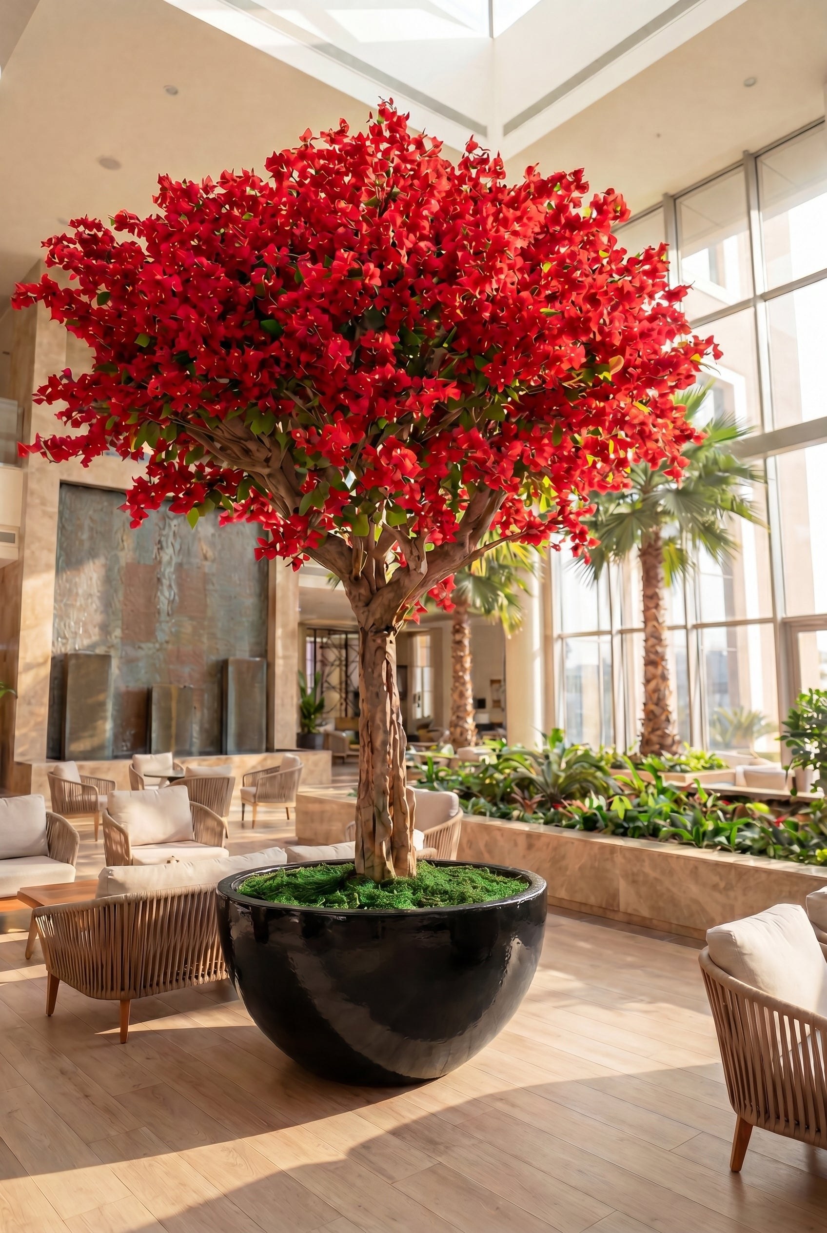 Artificial Red Blossom Tree with Natural Trunk & Black Bowl Pot (250CM)