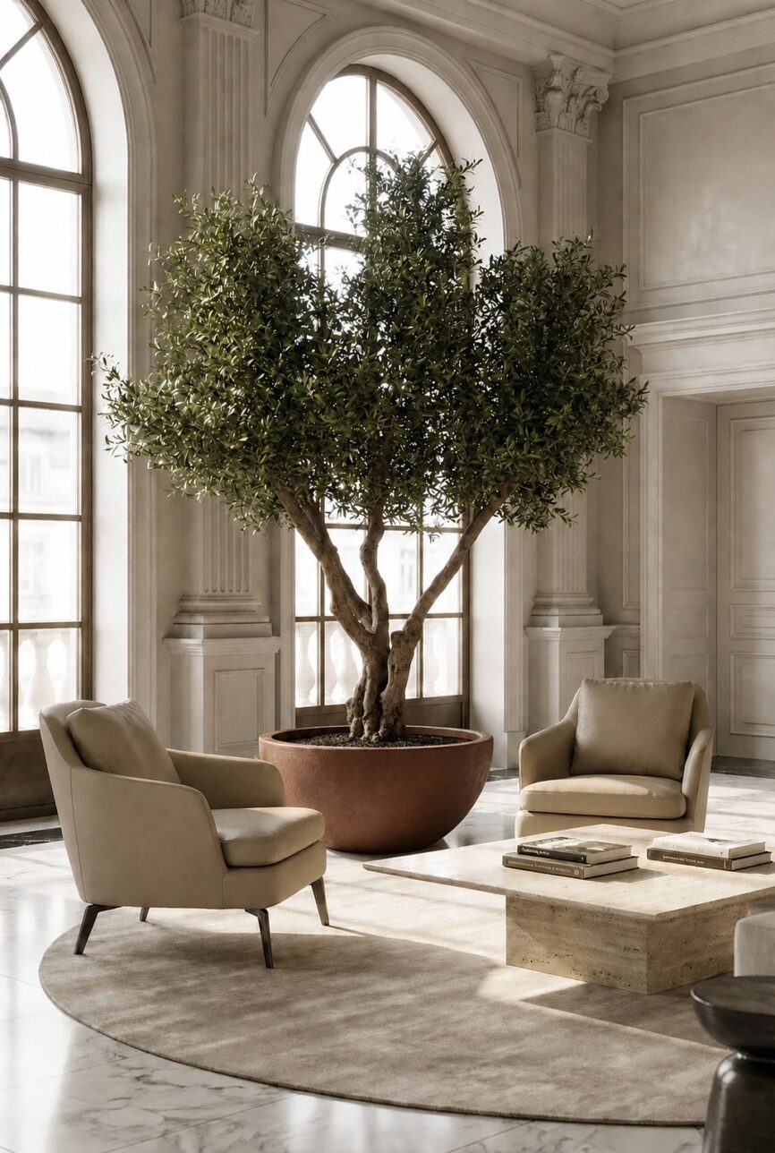 Artificial Olive Tree with Natural Trunk & Bronze Bowl Pot (280CM)