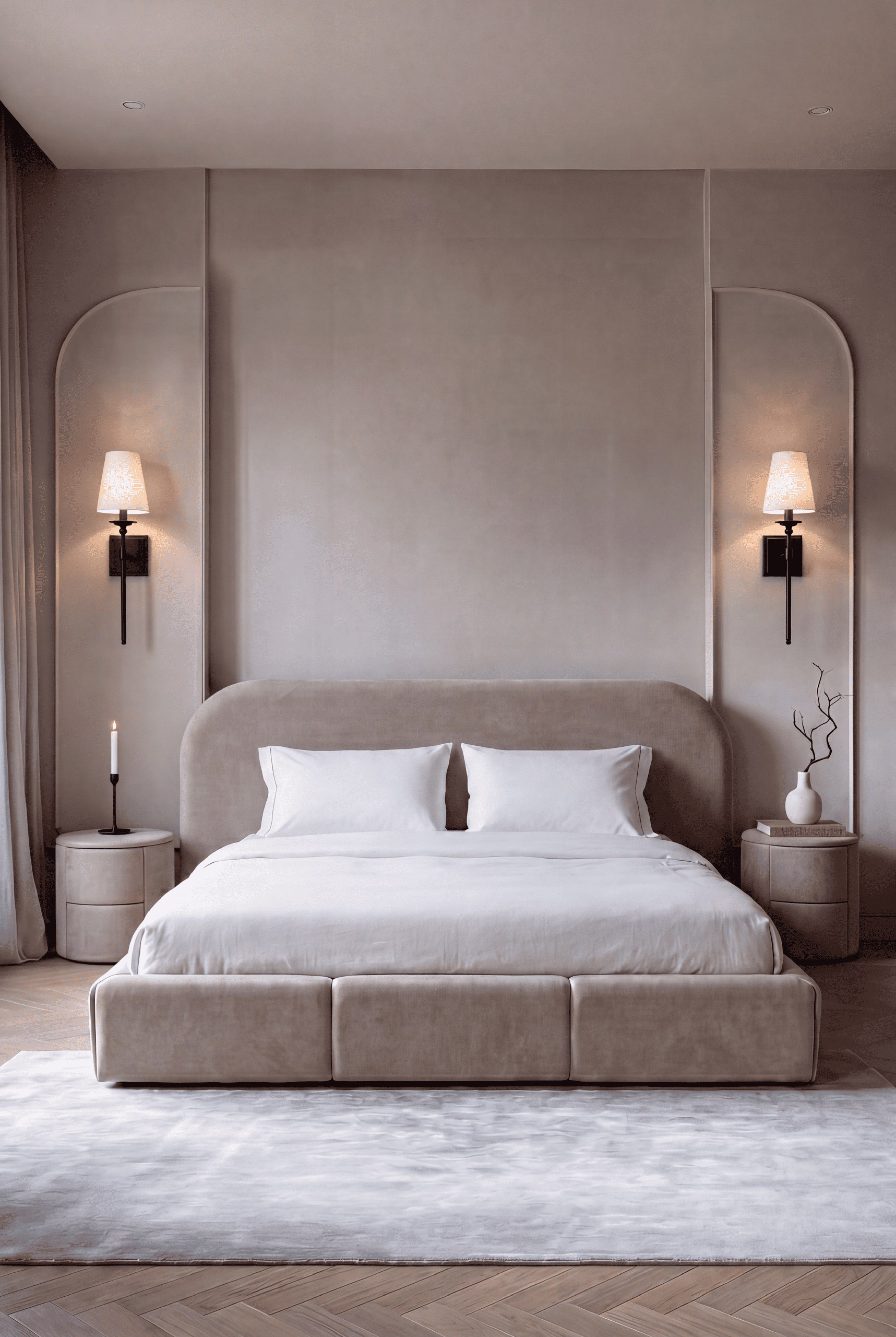 Kosta Pale Taupe Velvet Upholstered Platform Bed