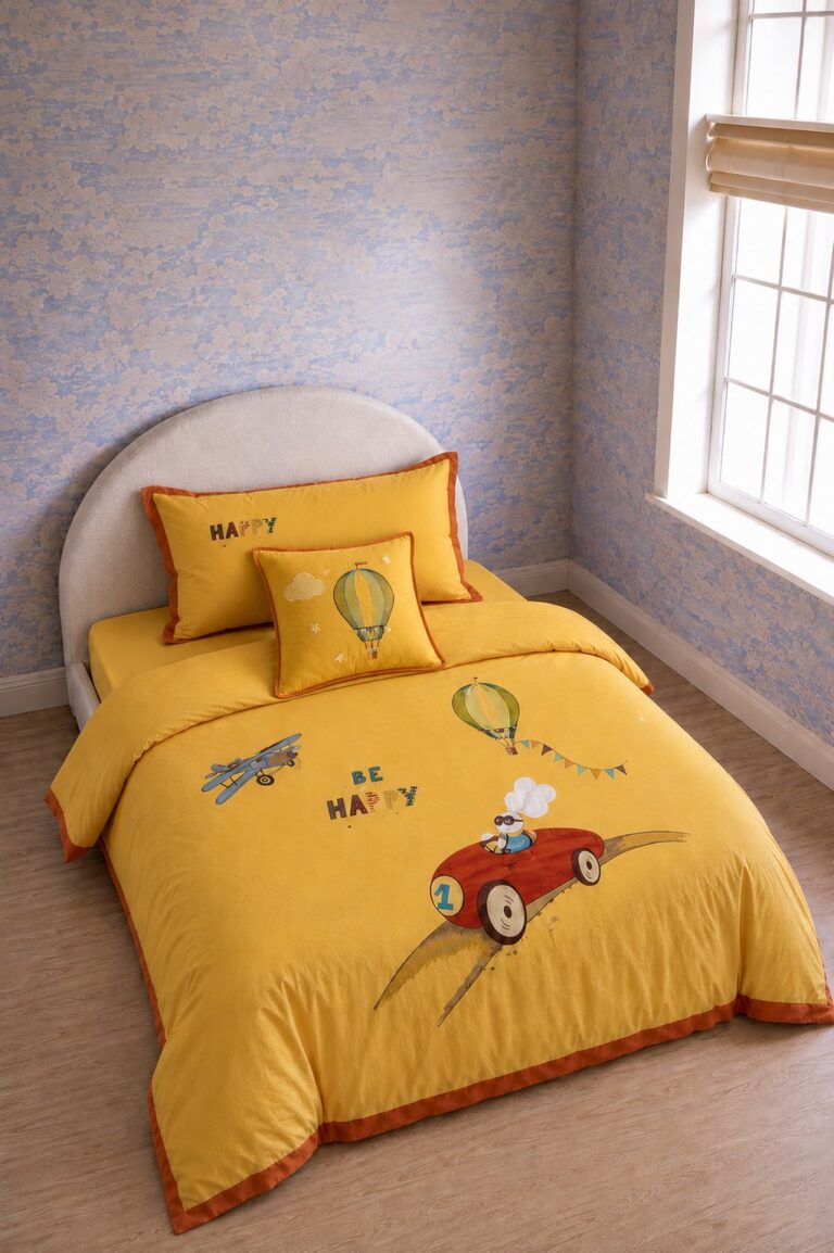 Zippy Yellow Queen Embroidered Bed Sheet, Duvet Cover & Pillowcase Set