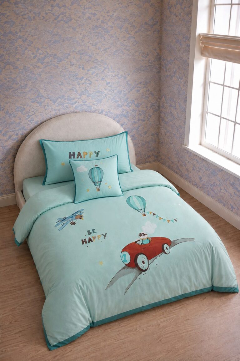 Zippy Turquoise Queen Embroidered Bed Sheet, Duvet Cover & Pillowcase Set