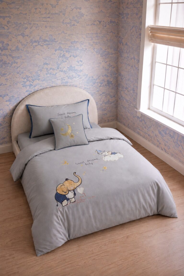Novi Grey Queen Embroidered Bed Sheet, Duvet Cover & Pillowcase Set