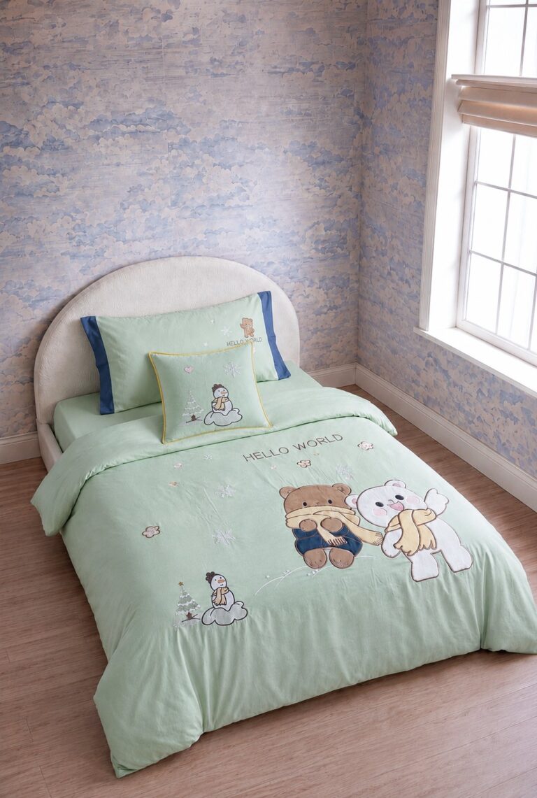 Novi Light Green Queen Embroidered Bed Sheet, Duvet Cover & Pillowcase Set