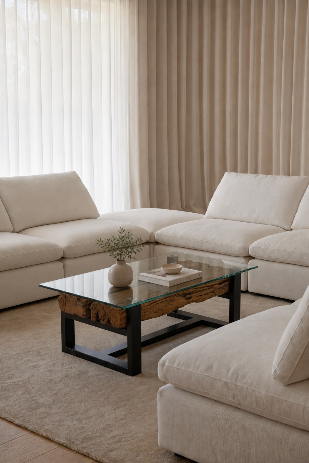 Avelle Railway Wood Coffee Table With Glass Top