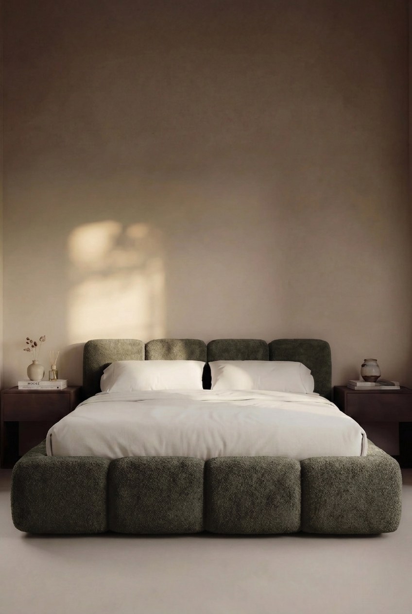 Olivara Olive Wood Upholstered Platform Bed