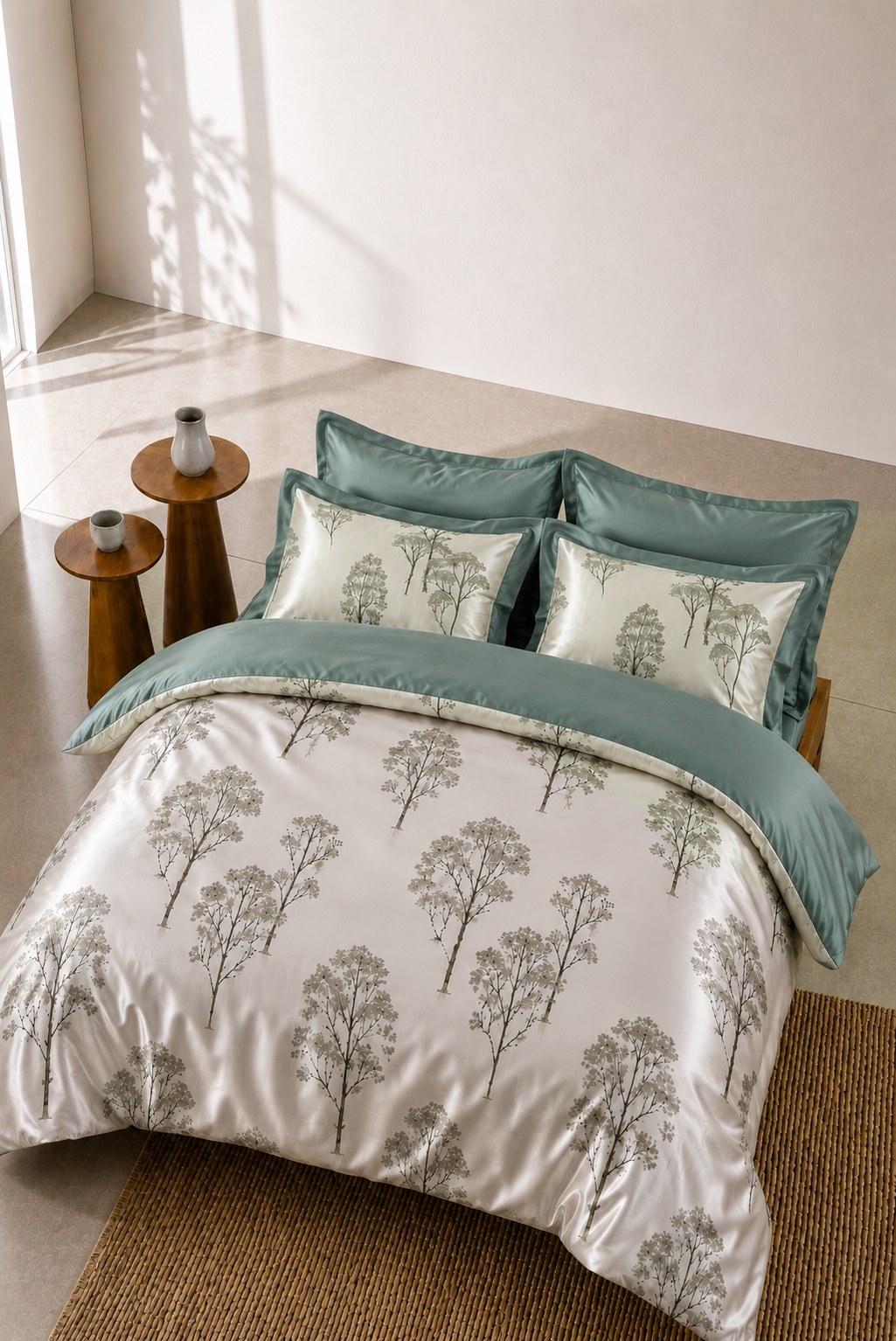 Renva Floral Light Green King Bed Sheet, Duvet Cover & Pillowcase Set