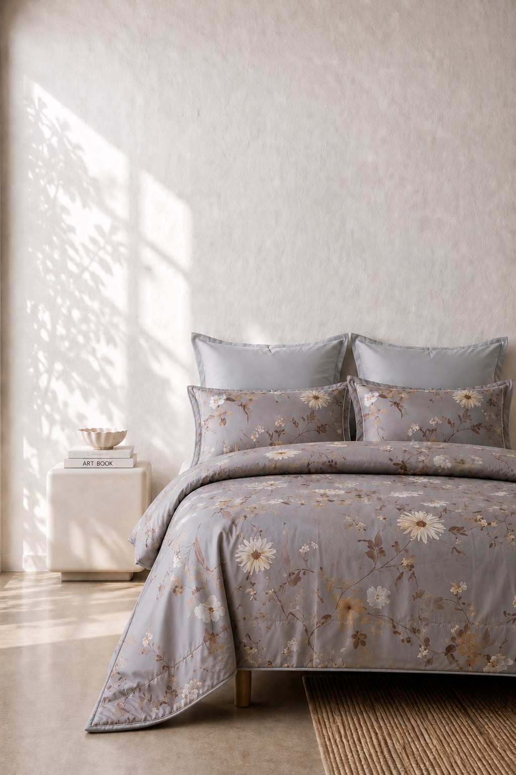 Grevia Grey Floral King Bed Sheet, Duvet Cover & Pillowcase Set