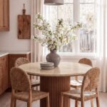 Claire Travertine Finish Marble Dining Table with Fluted Wooden Base
