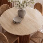 Claire Travertine Finish Marble Dining Table with Fluted Wooden Base