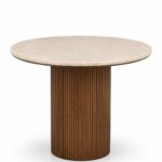 Claire Travertine Finish Marble Dining Table with Fluted Wooden Base