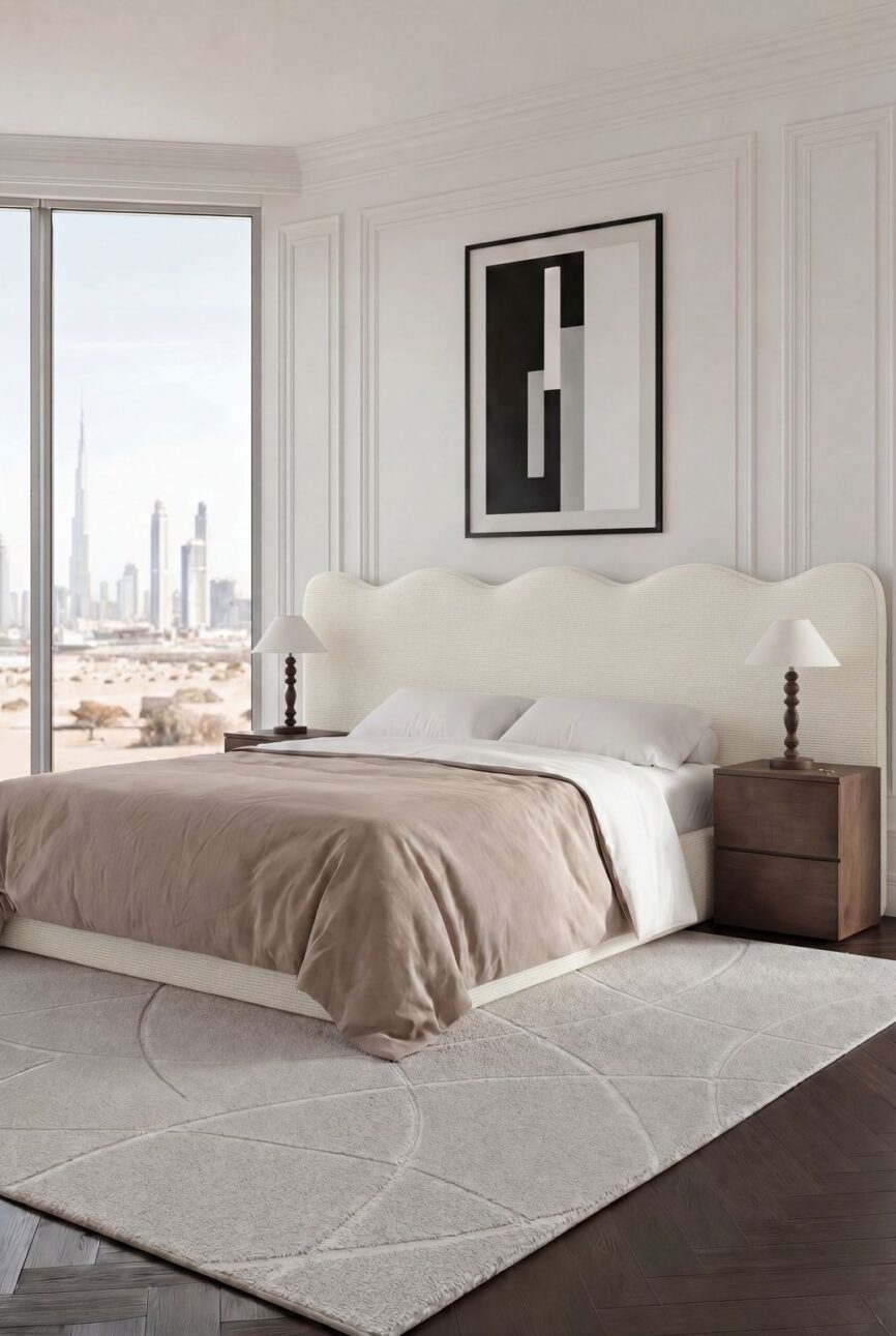 Zelina Off White Full Boucle Curved Headboard Upholstered Bed