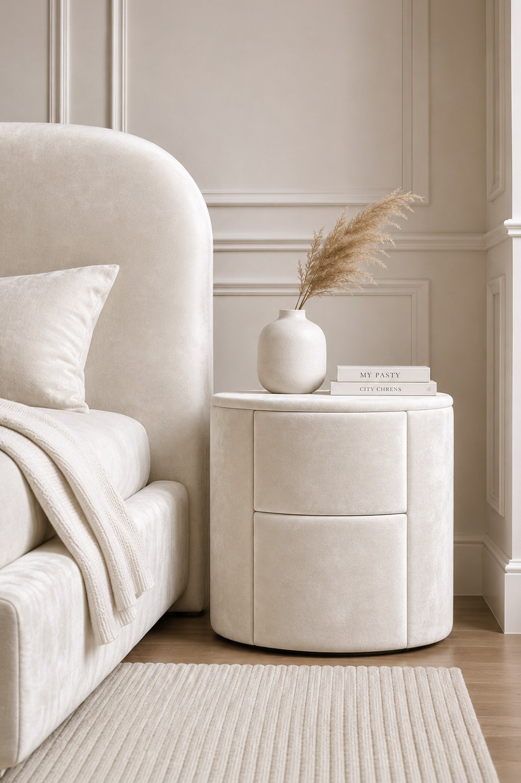 Kosta Off White Velvet Bedside Table