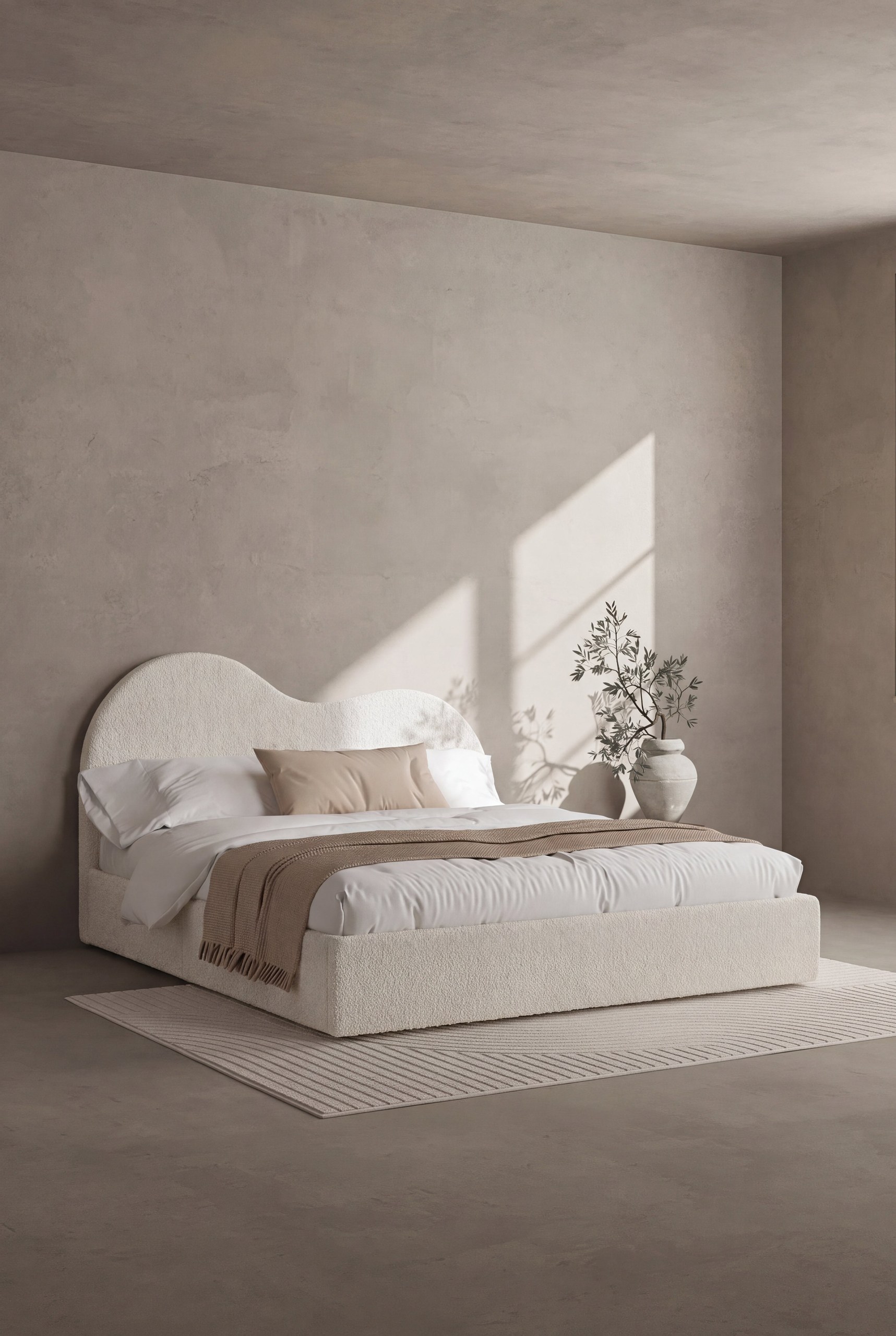 Serenade Off White Boucle Fabric Bed with Wavy Headboard