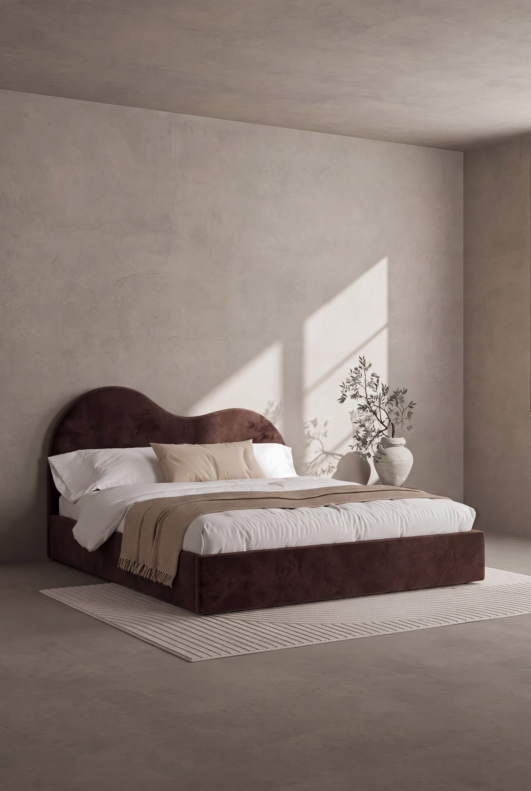 Serenade Dark Brown Fabric Bed with Wavy Headboard