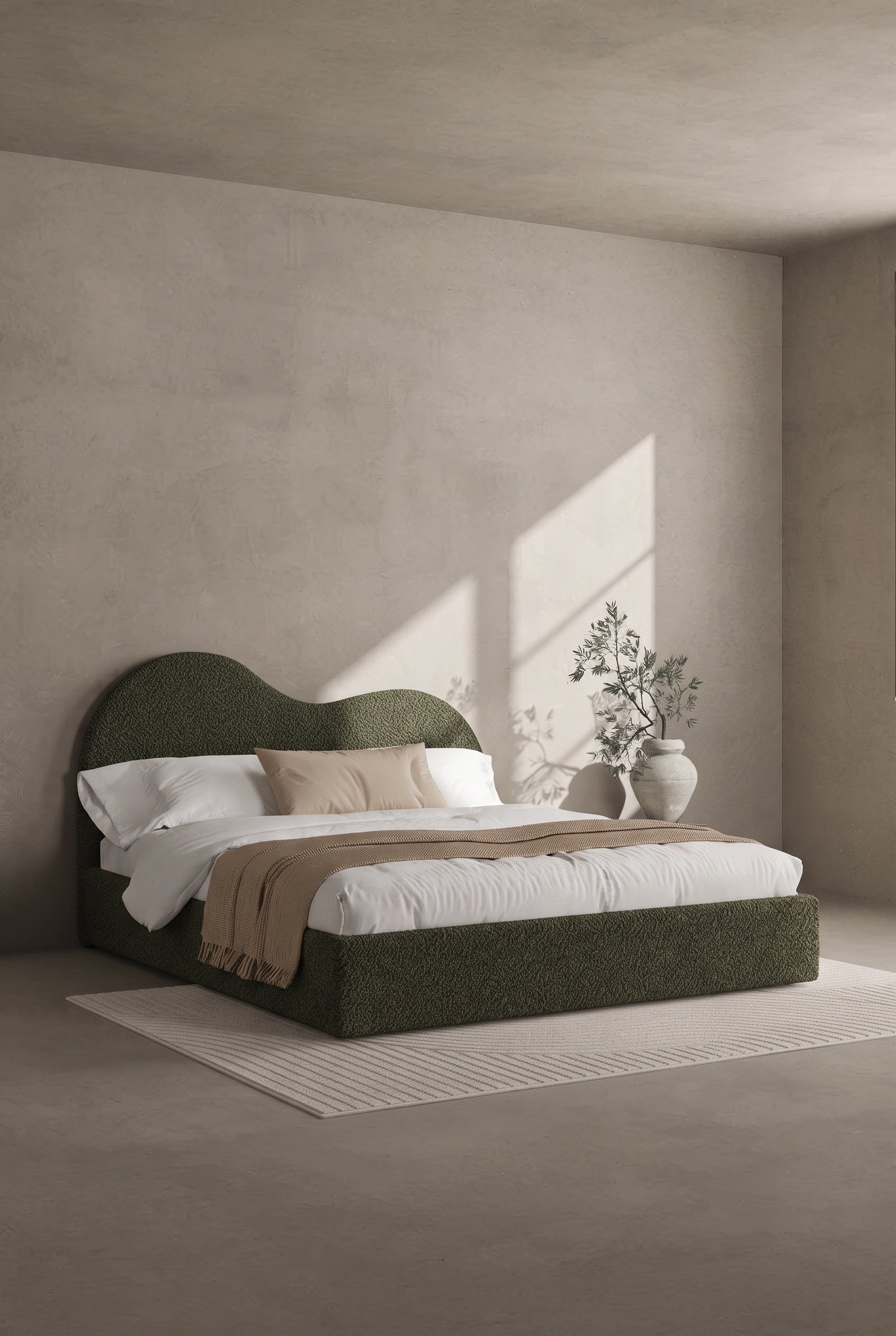 Serenade Olive Wood Fabric Bed with Wavy Headboard