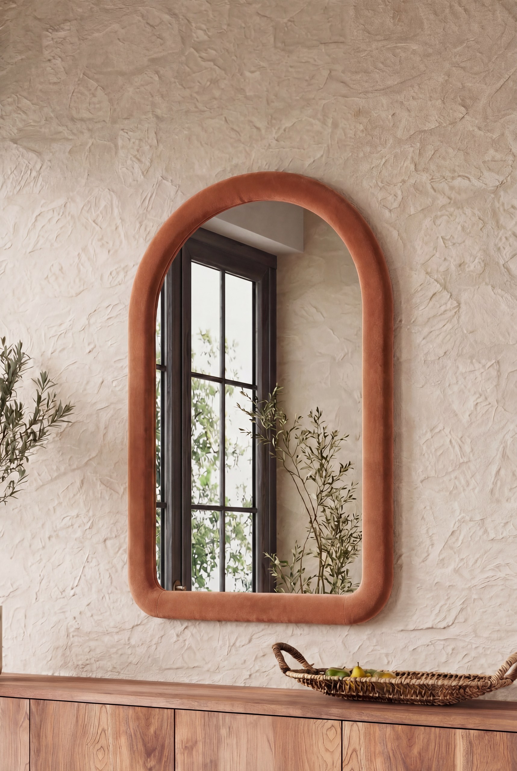 Elisia Spiced Coral Velvet Arch Wall Mirror