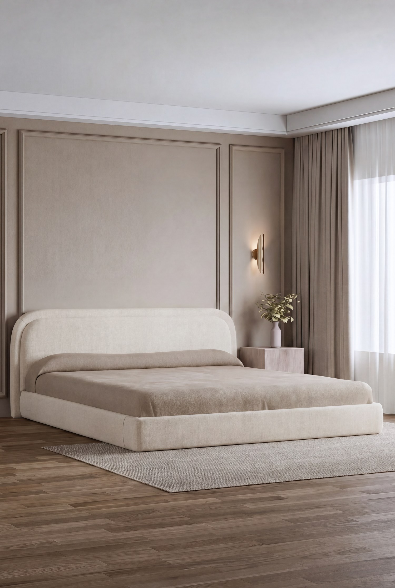 Caelia Tusk Sand Upholstered Platform Bed With Curved Headboard