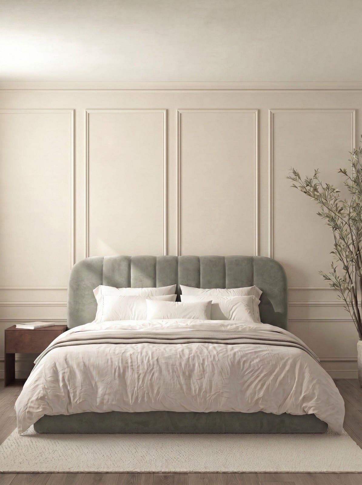 Nolvira Greyish Green Fabric Bed with Lines Headboard