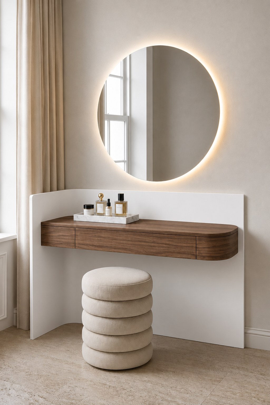 Marvelle Walnut Warmth and White Flow Wooden Vanity Table - Image 2
