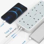 TESSAN Extension Lead, 8 Way Multi Plug Extension With 3 Usb Slots, 2M Cable, Wall Mounted Power Strip Socket For Home, Office