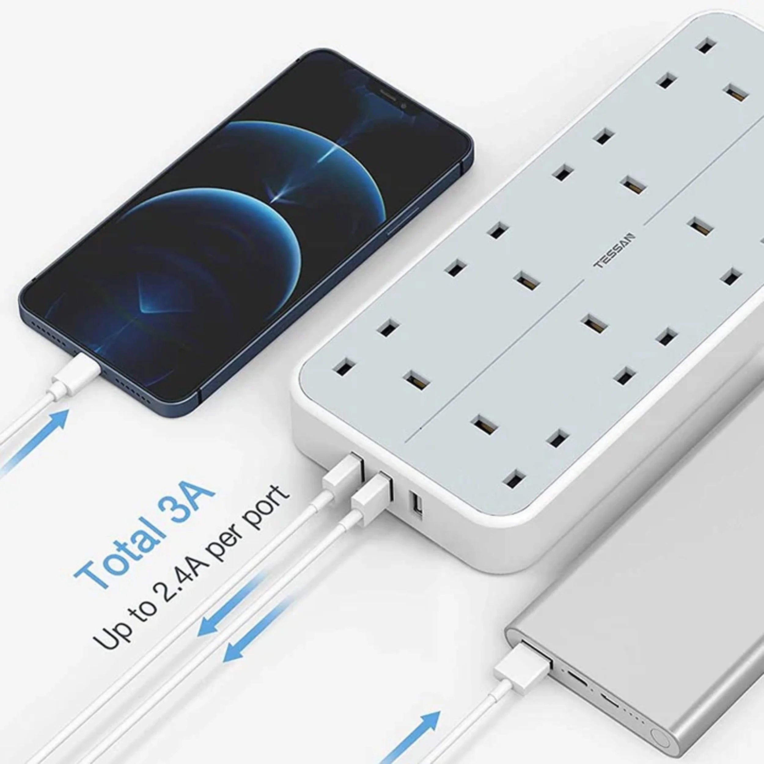 TESSAN Extension Lead, 8 Way Multi Plug Extension With 3 Usb Slots, 2M Cable, Wall Mounted Power Strip Socket For Home, Office - Image 3