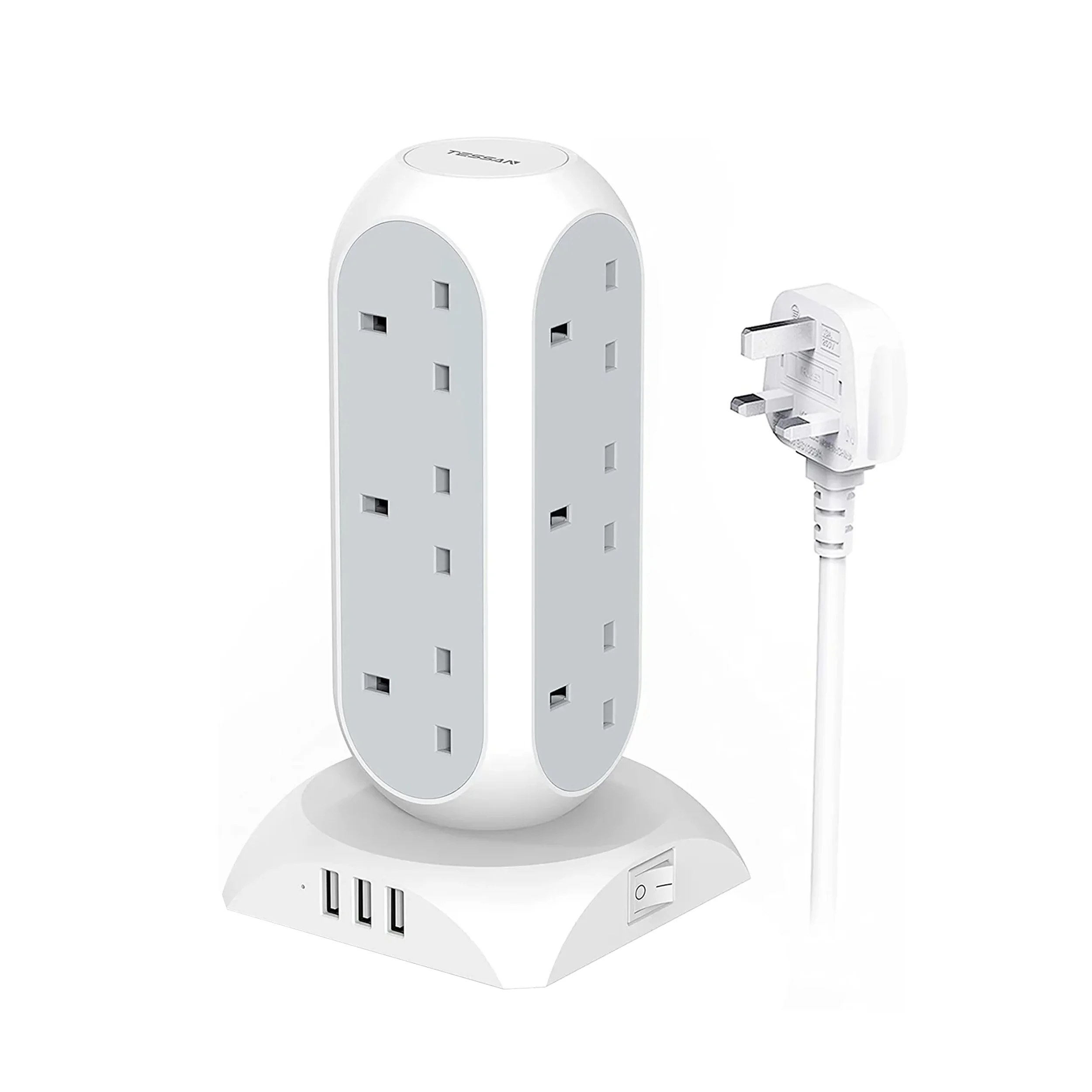 TESSAN Tower Plug Extension 12 Way Multi Plug Socket 3 USB Ports with 2M Cable - Image 2