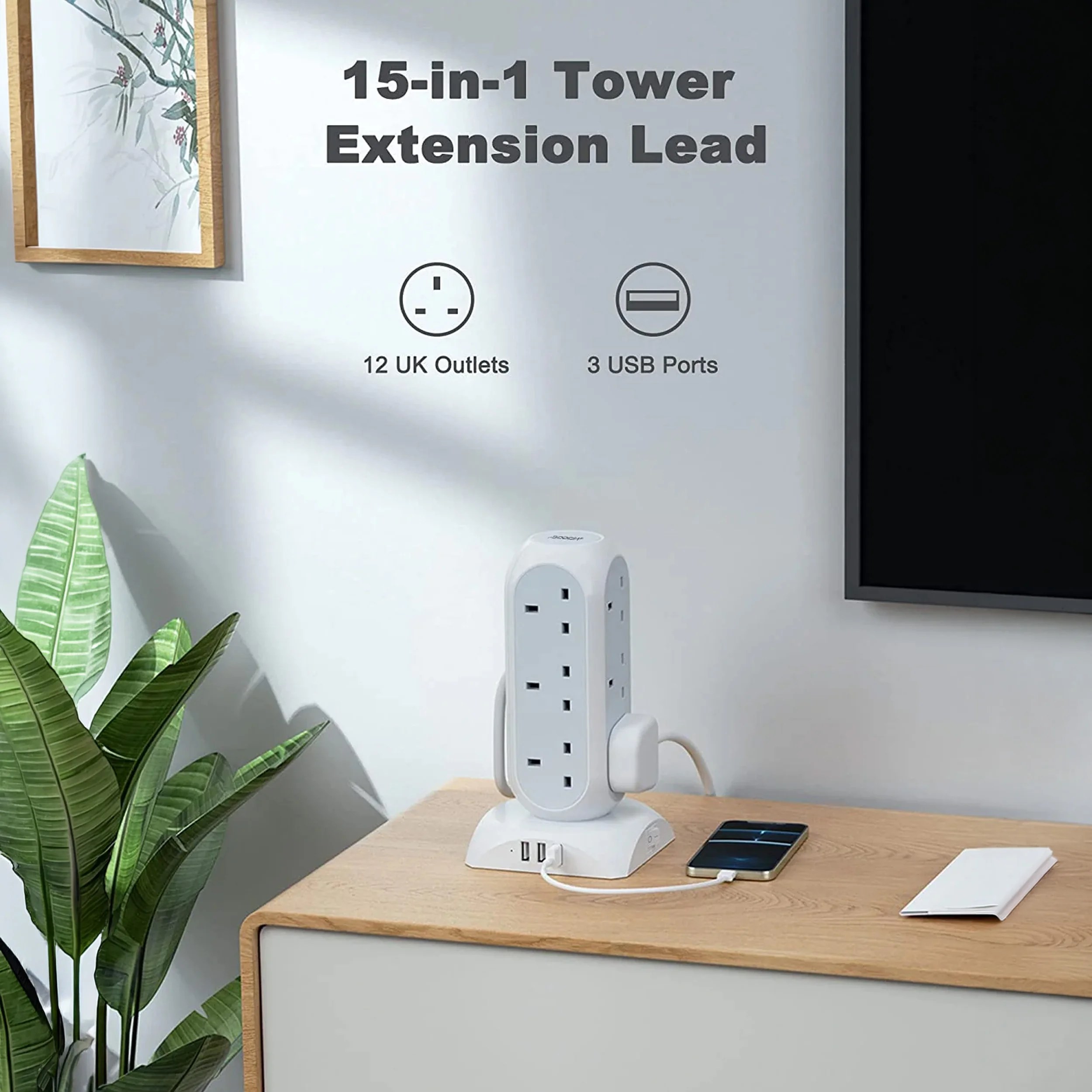 TESSAN Tower Plug Extension 12 Way Multi Plug Socket 3 USB Ports with 2M Cable - Image 4