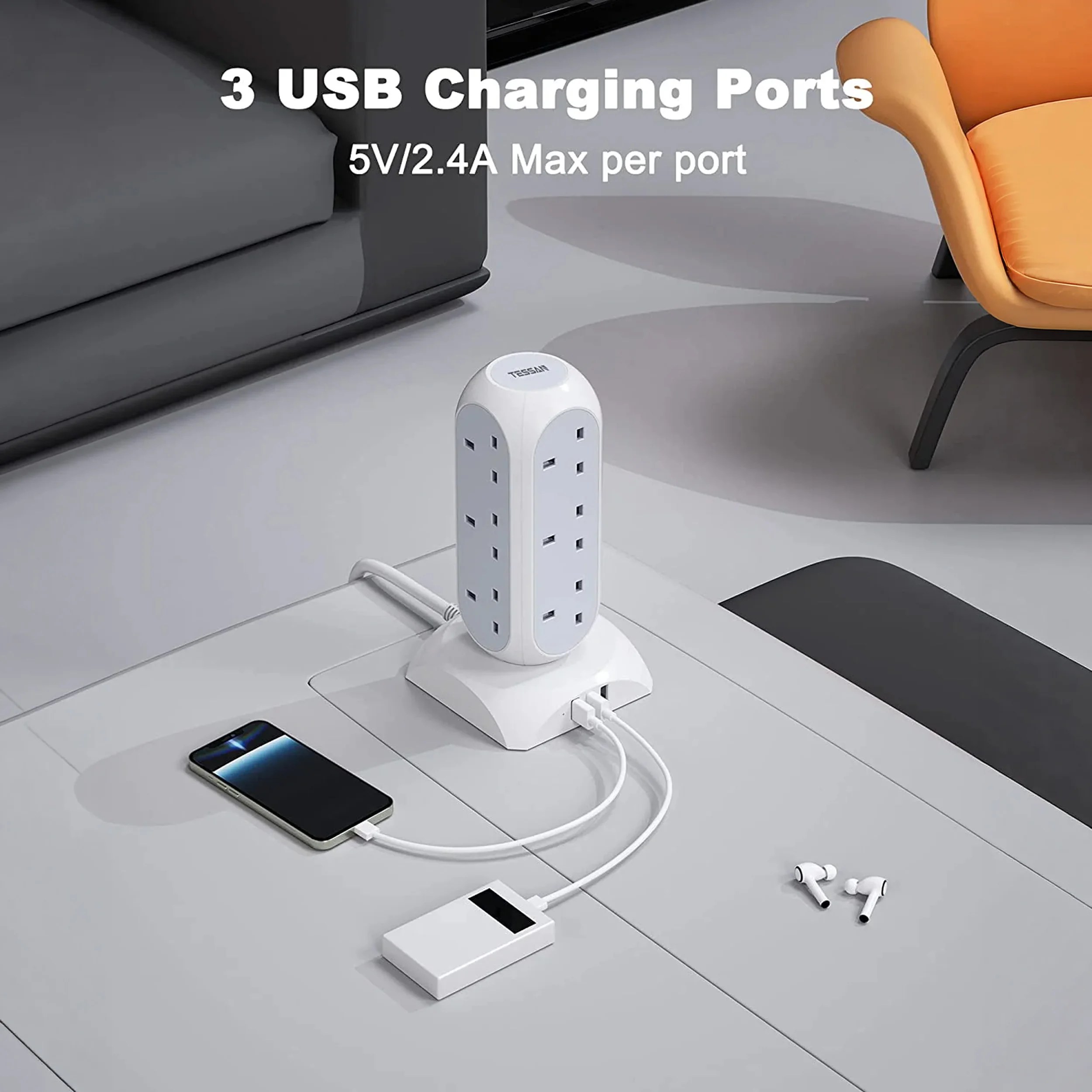 TESSAN Tower Plug Extension 12 Way Multi Plug Socket 3 USB Ports with 2M Cable - Image 5