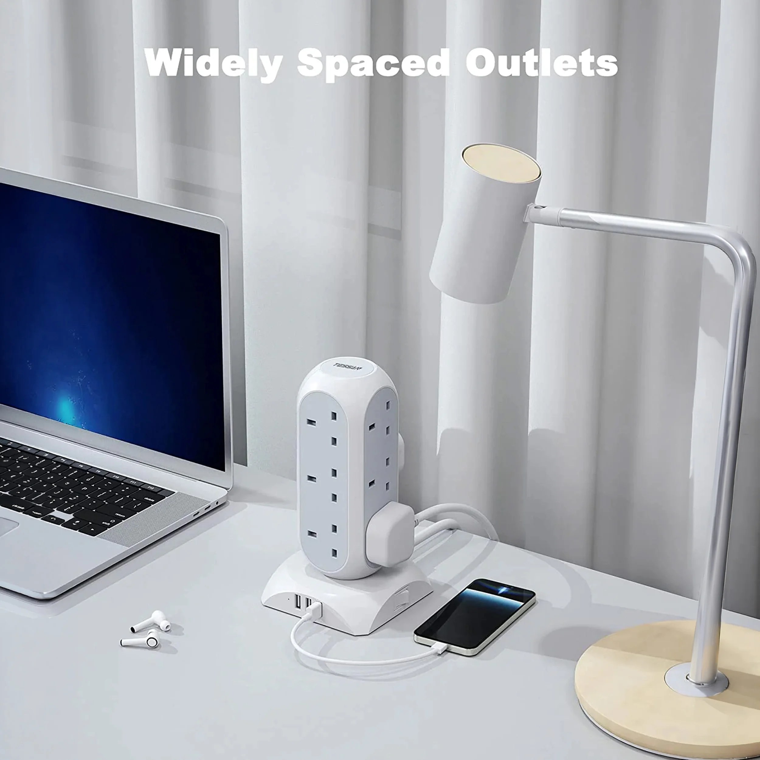 TESSAN Tower Plug Extension 12 Way Multi Plug Socket 3 USB Ports with 2M Cable - Image 6