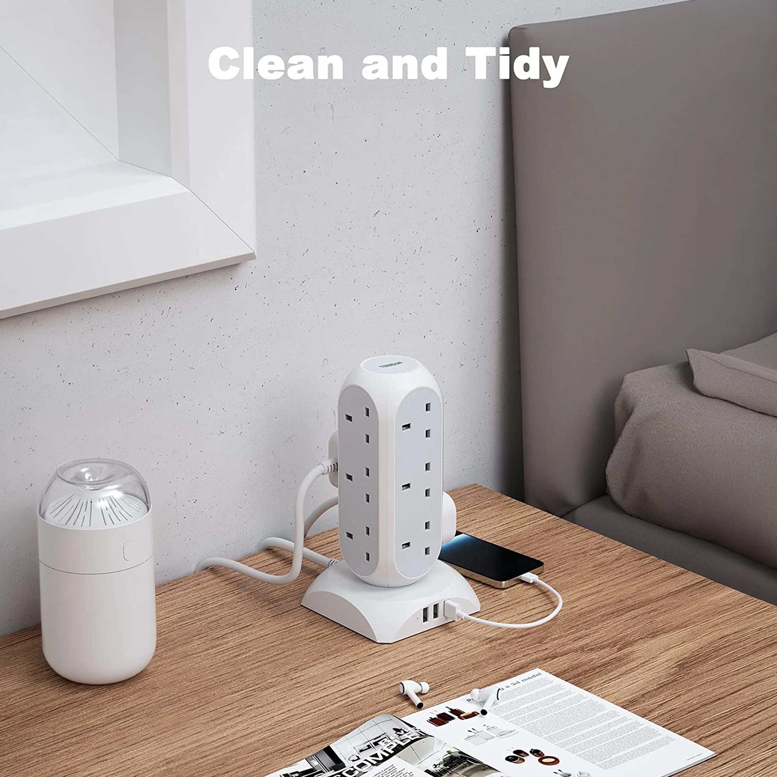 TESSAN Tower Plug Extension 12 Way Multi Plug Socket 3 USB Ports with 2M Cable - Image 7