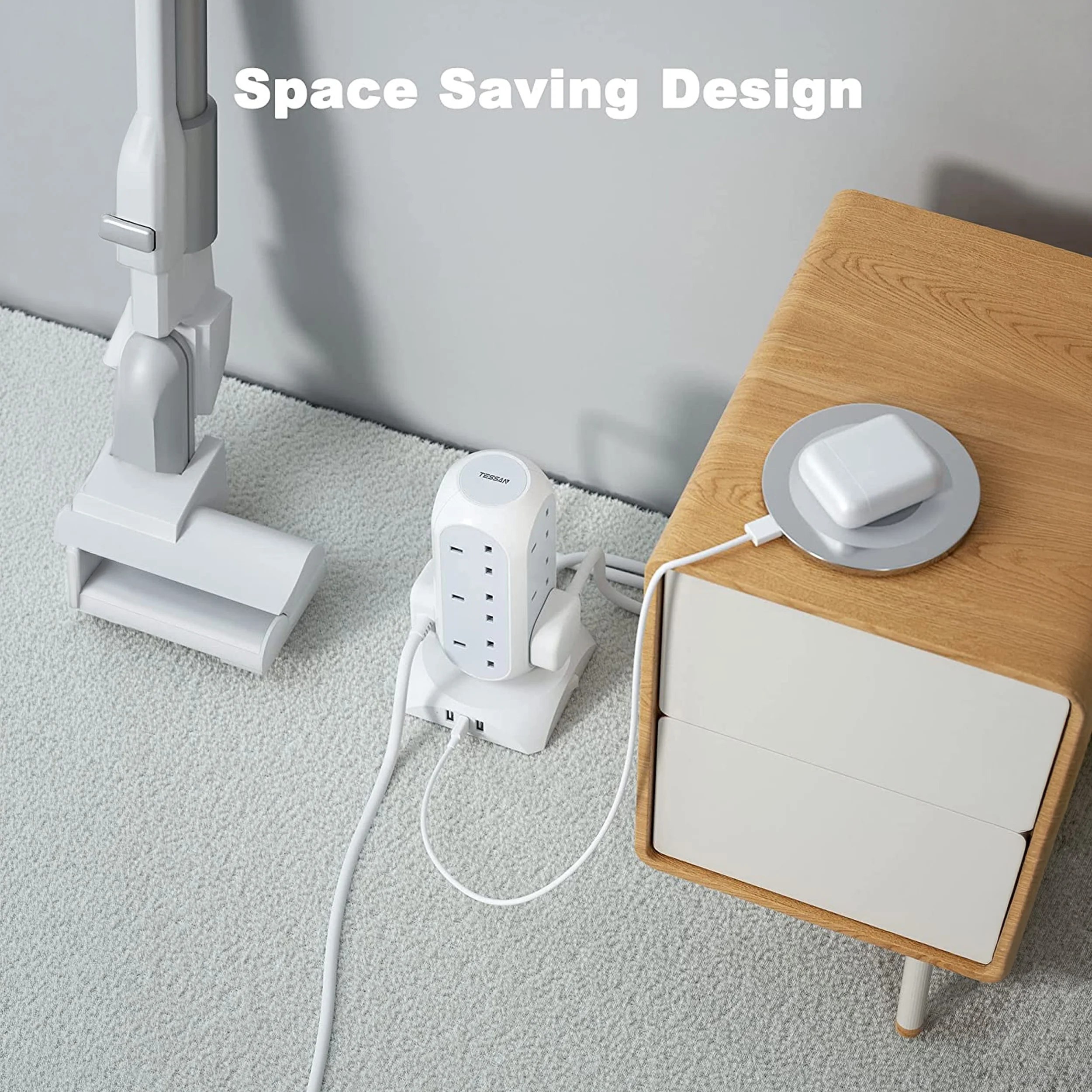 TESSAN Tower Plug Extension 12 Way Multi Plug Socket 3 USB Ports with 2M Cable - Image 8