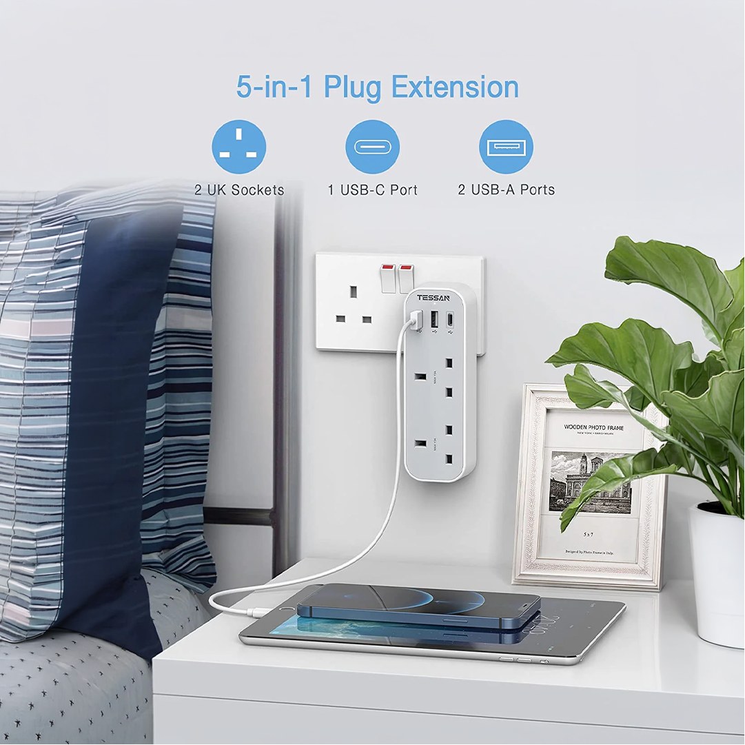TESSAN Multi Plug Extension with 3 USB Slots - Image 3