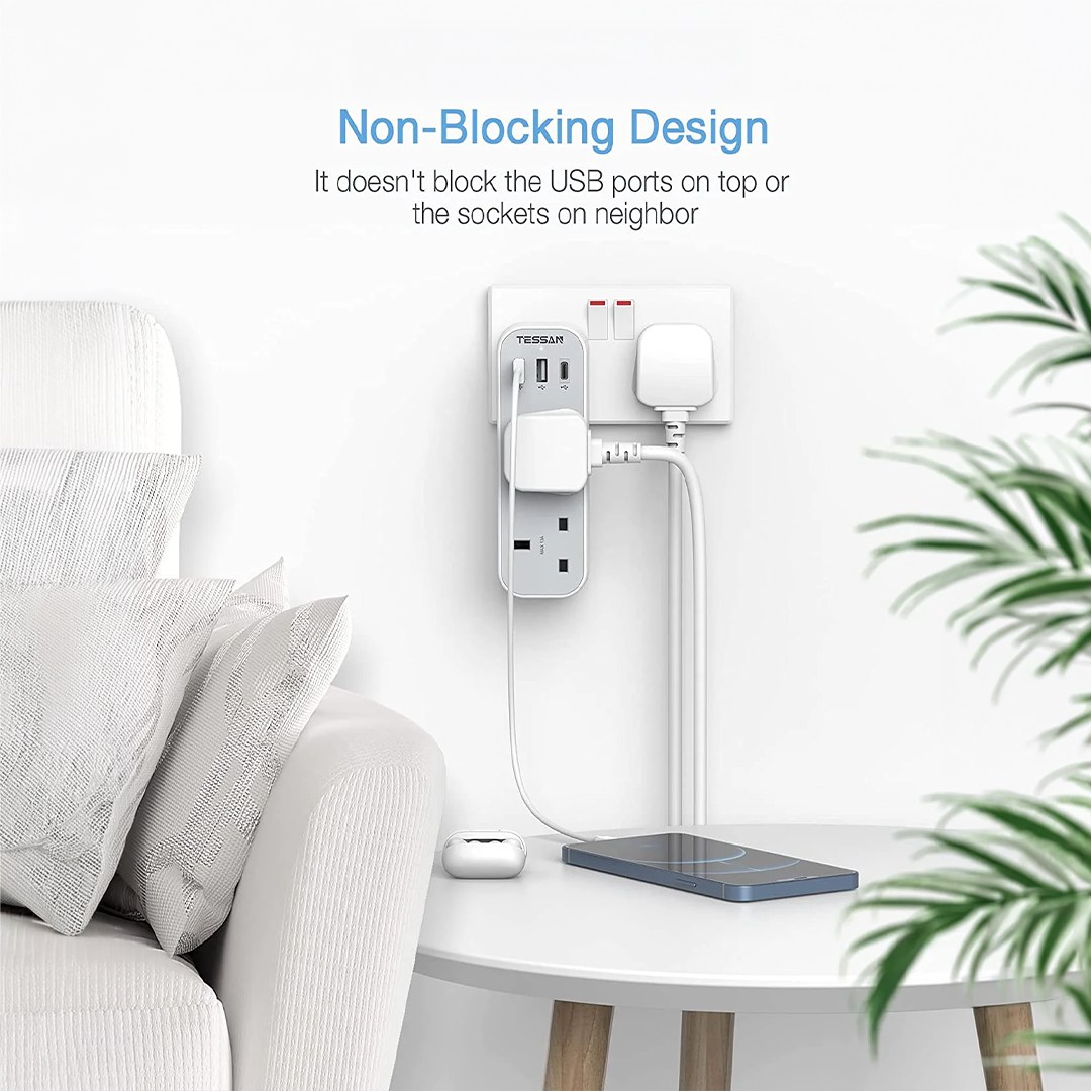 TESSAN Multi Plug Extension with 3 USB Slots - Image 4
