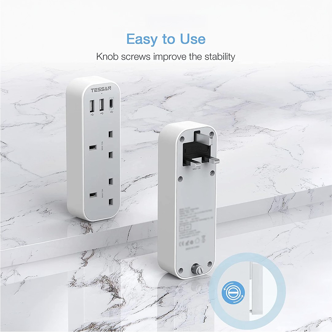 TESSAN Multi Plug Extension with 3 USB Slots - Image 5