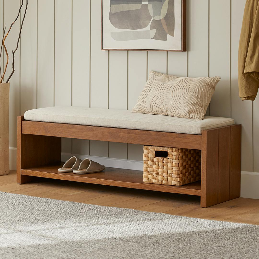 Cassie 56" Bench - Smoked Oak and Taupe Chenille