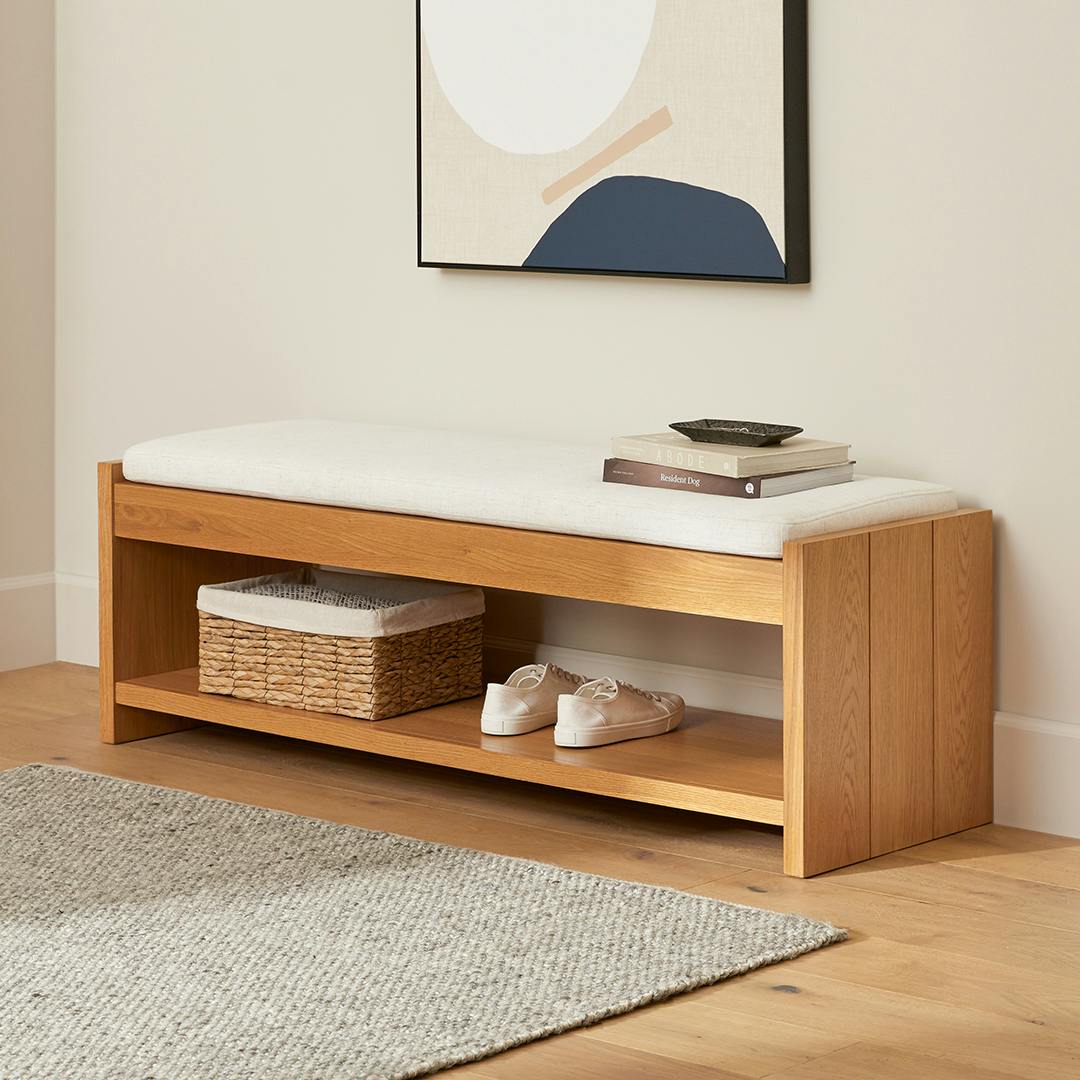 Cassie 56" Bench - Natural Oak and Ivory Chenille